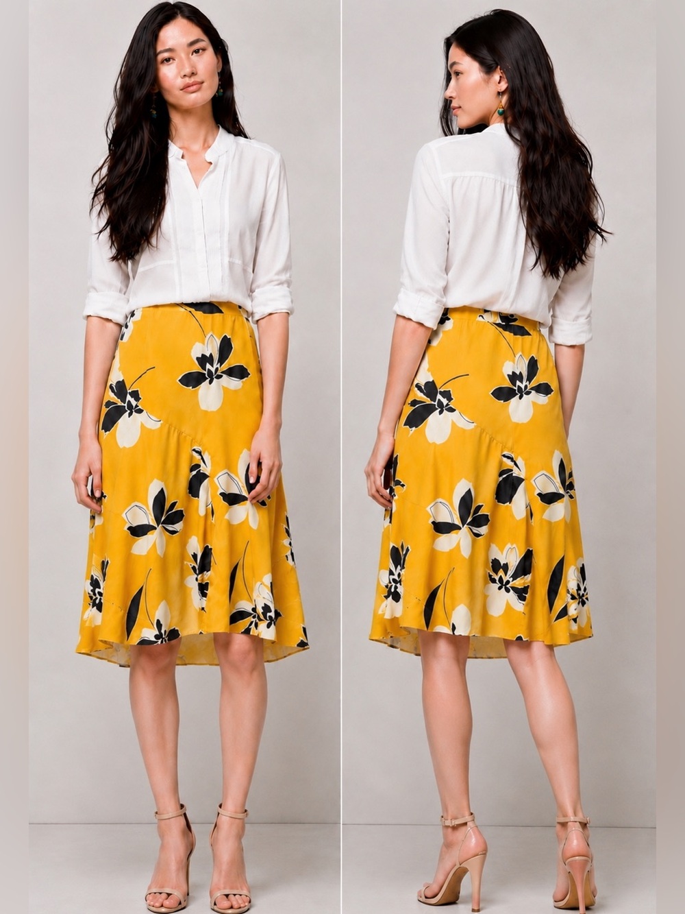 Who What Wear Yellow Floral Asymmetrical Midi Skirt Size 8 Satin Flowy Spring